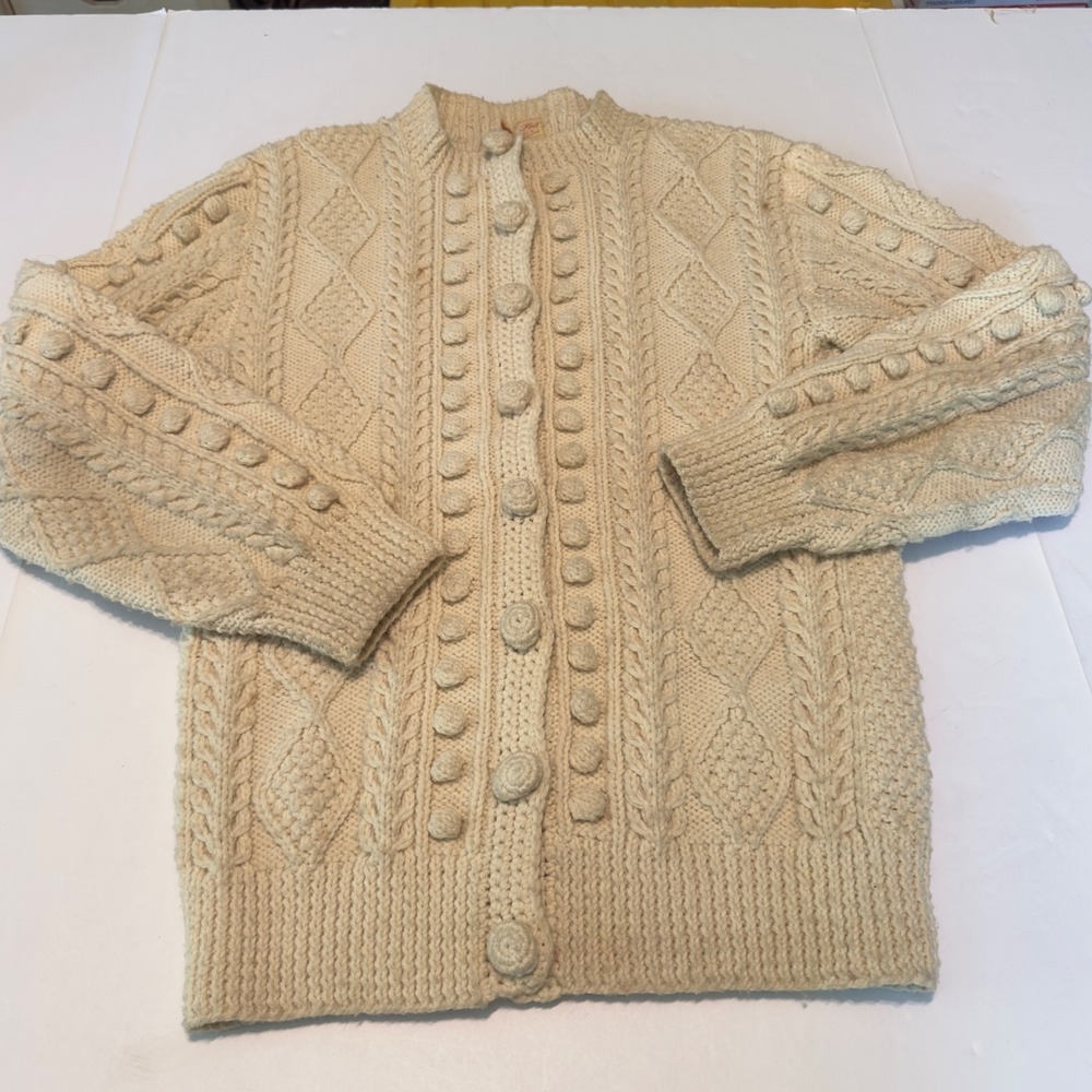 Theresa Farren Hand Knit Wool Aran Cardigan Cream Cable Bobble Fisherman Sweater